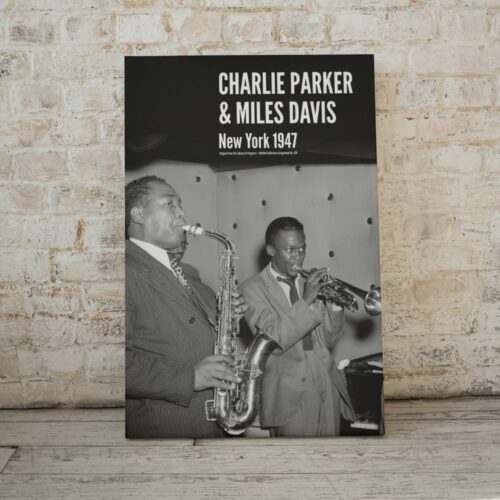 Vintage poster of jazz legends Charlie Parker playing the saxophone and Miles Davis with a trumpet, live in New York 1947, encapsulating the golden era of jazz.