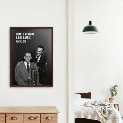 Vintage Jazz Poster featuring Charlie Ventura and Bill Harris. Ideal for jazz enthusiasts, this art print celebrates the bebop era and is perfect for home or office decor, making a great music gift.