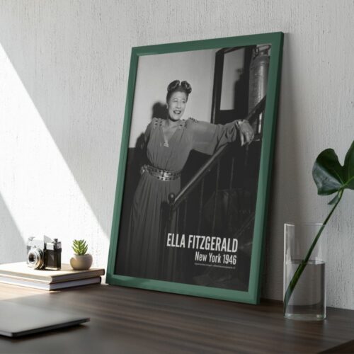 Ella Fitzgerald leaning on railing, New York 1945, in framed poster on wall, evoking vintage charm in a modern space.