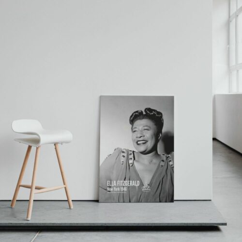 Ella Fitzgerald laughing in 1946 New York, poster capturing her iconic joy and charisma.