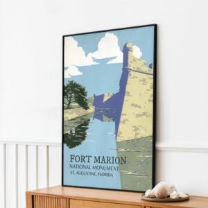 Retro Travel Poster of Fort Marion National Monument in St. Augustine, Florida with vibrant blue skies and historic walls.