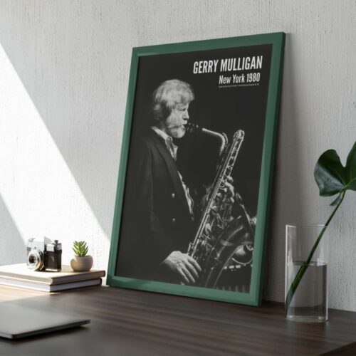 Vintage Gerry Mulligan Jazz Poster - Iconic 1980 New York Performance by the Renowned Baritone Saxophonist, Composer, and Arranger Celebrating the Cool Jazz Era.