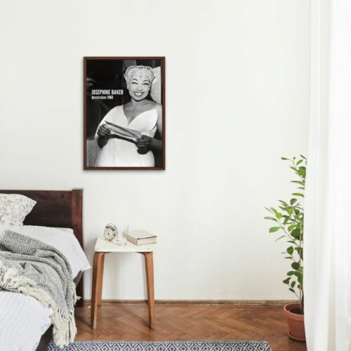 Framed poster on wall with joyful woman in headdress, labeled Josephine Baker Amsterdam 1960, beside shelf with camera, plant, books, laptop, and vase.