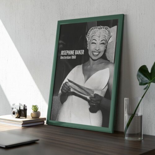 Framed poster on wall with joyful woman in headdress, labeled Josephine Baker Amsterdam 1960, beside shelf with camera, plant, books, laptop, and vase.