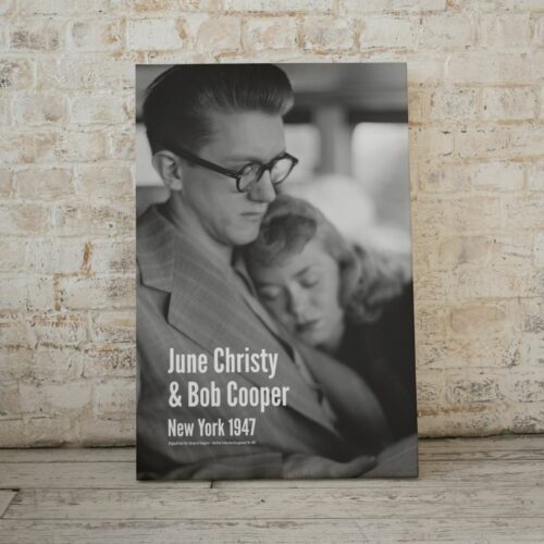 Vintage poster featuring June Christy and Bob Cooper, icons of jazz—ideal for collectors and fans, perfect as sophisticated music gifts or elegant wall art for jazz enthusiasts.