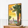 Los Angeles Retro Travel Poster with palm trees, mission building, and plane against a sunset sky, embodying the LA spirit.
