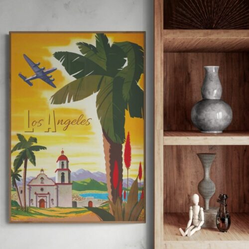 Los Angeles Retro Travel Poster with palm trees, mission building, and plane against a sunset sky, embodying the LA spirit.