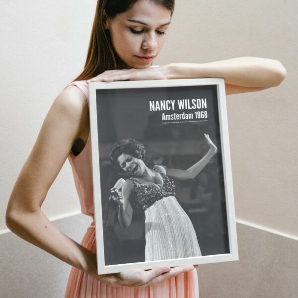 Vintage Jazz Poster of Nancy Wilson - Grammy-Winning Vocalist in Elegant Pose Celebrating Over 50 Years of Musical Excellence.