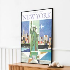 Retro travel poster of New York featuring the Statue of Liberty with city skyline and airplane, evoking the city of dreams theme, in bold colors.