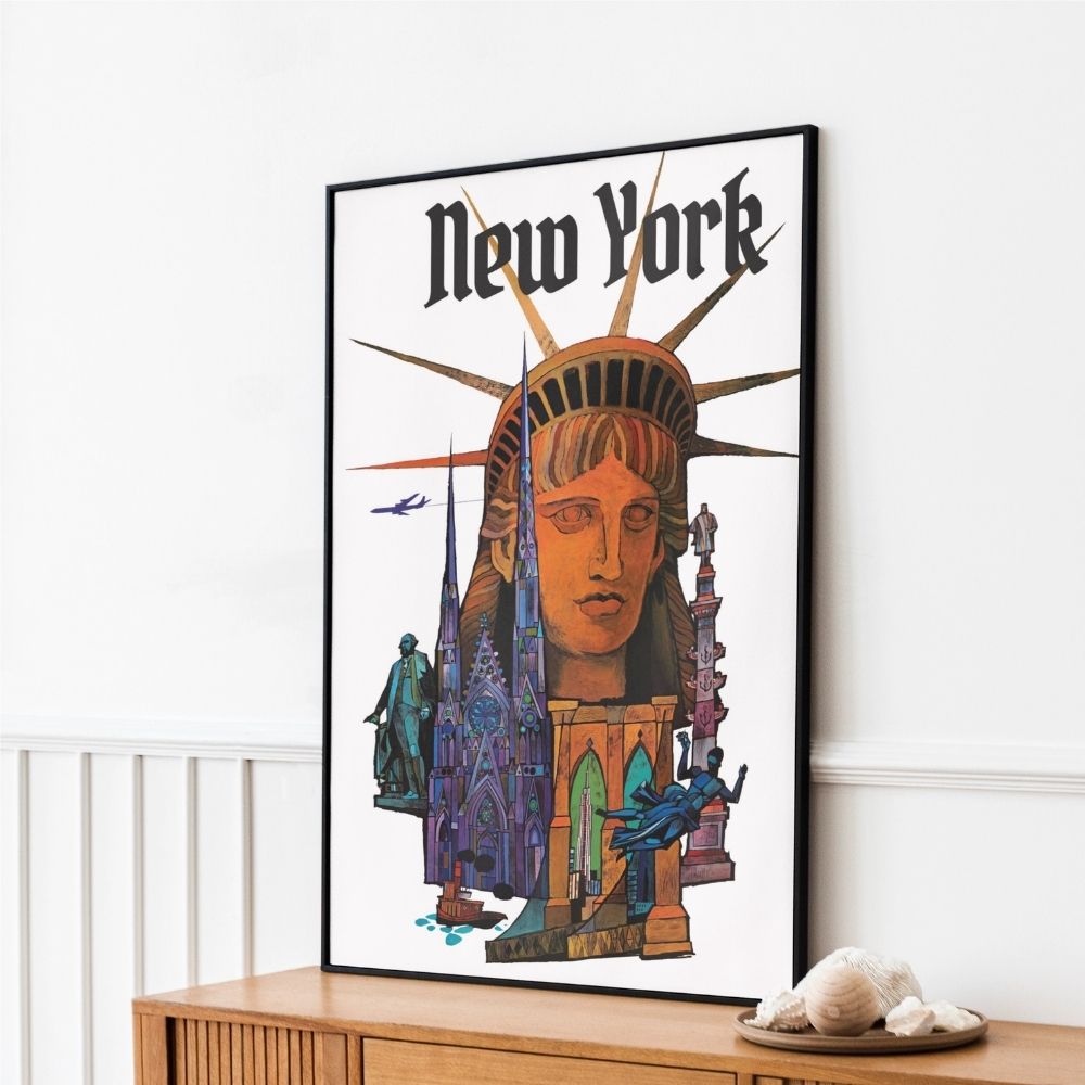 Illustrated New York poster with Statue of Liberty face and city landmarks in vibrant colors, invoking the city’s dynamic culture.