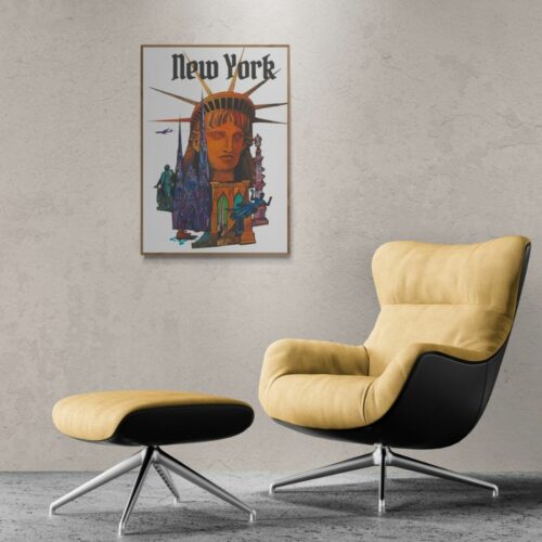 Illustrated New York poster with Statue of Liberty face and city landmarks in vibrant colors, invoking the city’s dynamic culture.