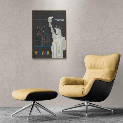 Modern Retro Travel Poster of Statue of Liberty in New York with abstract skyline and space-themed details against a dark background.