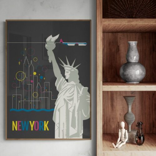 Modern Retro Travel Poster of Statue of Liberty in New York with abstract skyline and space-themed details against a dark background.