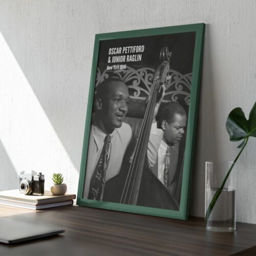Oscar Pettiford and Junior Raglin Jazz Legends Poster - Celebratory Vintage Bass Icons Wall Art, Ideal Gift for Music Aficionados and Decorative Piece for Home and Office.