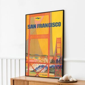 Colorful Retro Travel Poster of San Francisco with Golden Gate Bridge and flying plane, set against a vibrant yellow background.