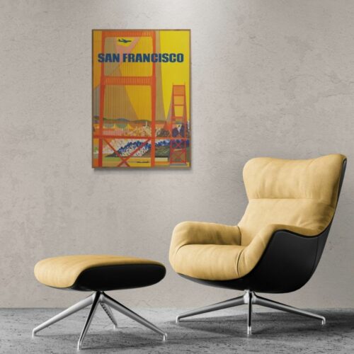 Colorful Retro Travel Poster of San Francisco with Golden Gate Bridge and flying plane, set against a vibrant yellow background.