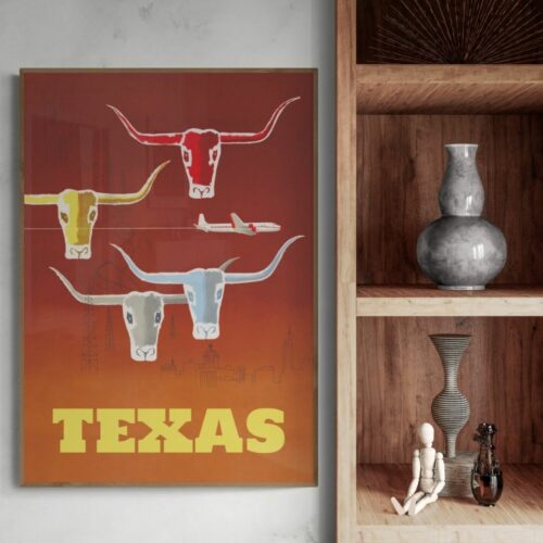 Retro Travel Poster with three longhorn heads in red, yellow, and blue over a Texas skyline, capturing the state's iconic spirit.