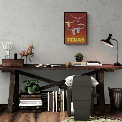 Retro Travel Poster with three longhorn heads in red, yellow, and blue over a Texas skyline, capturing the state's iconic spirit.
