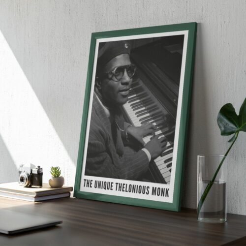Black and white photo of Thelonious Monk in glasses and striped suit at piano, titled THE UNIQUE THELONIOUS MONK, exuding charisma and musical genius.