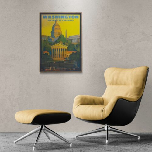 Vibrant Retro Travel Poster of Washington DC with iconic landmarks like the Capitol and Lincoln Memorial under a golden sky.