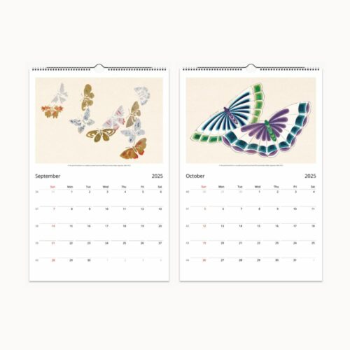 September and October 2025 calendar pages with unique butterfly prints above a simple date layout.