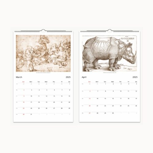 March and April pages showcasing dynamic battle scene and iconic rhinoceros woodcut by Albrecht Dürer.
