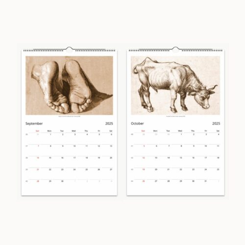 September and October in the calendar display detailed foot study and a robust oxen engraving.