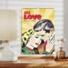Vintage-style wall calendar for 2025 with a comic book illustration of a couple embracing, placed on a home desk next to a lamp