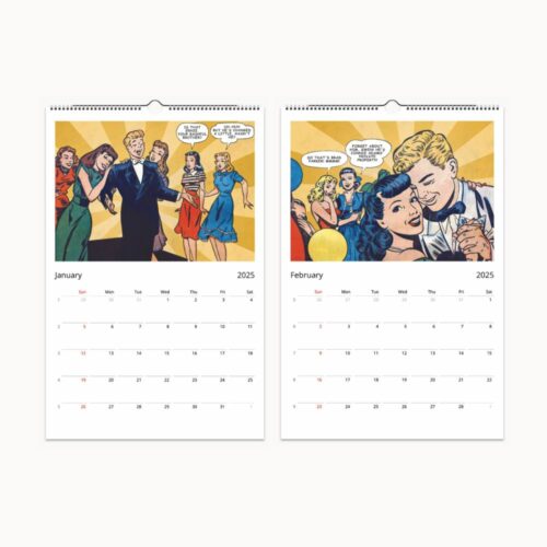 Inside pages of a 2025 wall calendar showing colorful vintage comic scenes for January and February, with a classic yellow background