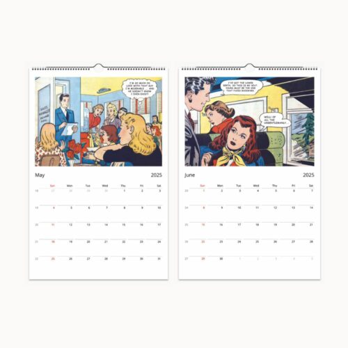 Wall calendar pages for May and June 2025, displaying vintage comic book art of characters in romantic and humorous plots