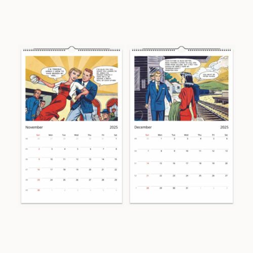 November and December pages of a 2025 wall calendar, featuring classic comic artwork with characters in expressive poses