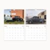 January and February spread of a car-themed calendar, showing an old pickup truck and a classic sedan in rural settings