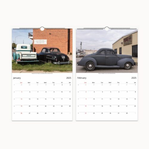 January and February spread of a car-themed calendar, showing an old pickup truck and a classic sedan in rural settings