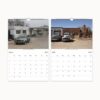 March and April pages of an automotive calendar with images of a vintage convertible and pickup trucks near brick buildings