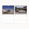Calendar showcasing classic cars for May and June with a rustic garage backdrop and a retro gas station scene