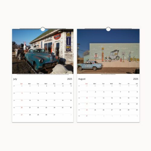 July and August of a vintage car calendar, including an aged service station and a whimsical Route 66 mural