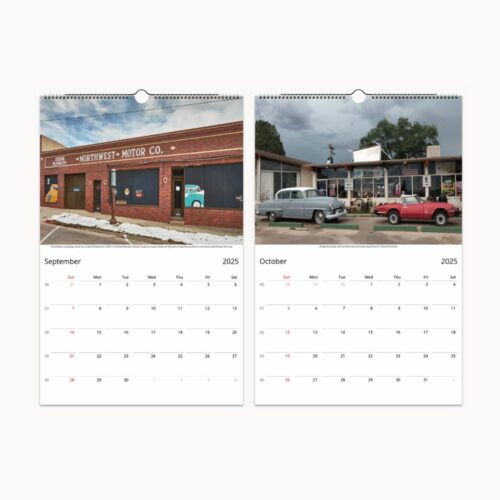 September and October views of an old-time car calendar, spotlighting aged automotive storefronts and a classic drive-in