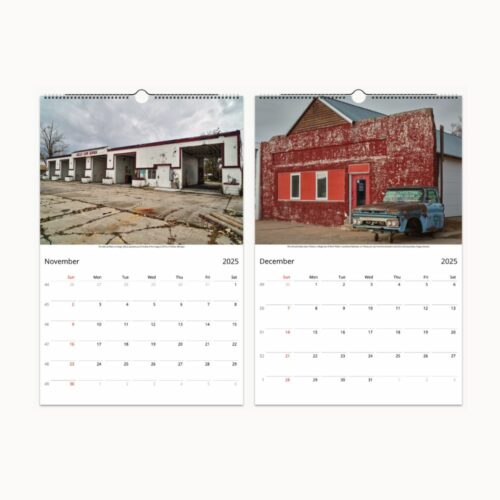 Calendar pages for November and December depicting nostalgic scenes of a rundown service bay and a red barn with a classic car