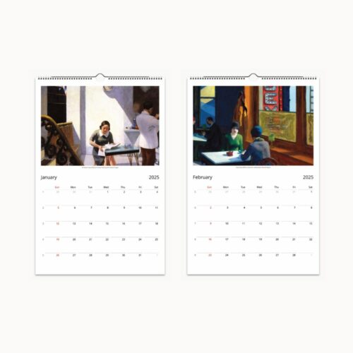 Interior pages of a 2025 calendar for January and February displaying Edward Hoppers artwork, capturing the quiet moments of urban life with sharp light and shadow contrasts.
