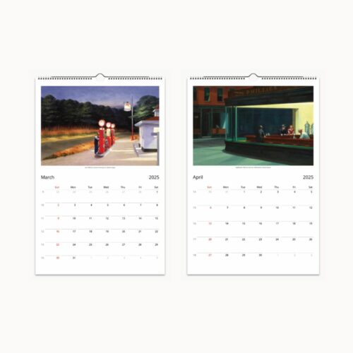 March and April pages from a 2025 Edward Hopper calendar, depicting night-time scenes with isolated figures, emphasizing themes of introspection and American realism.