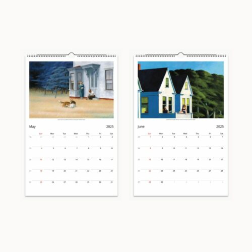 May and June pages of a 2025 Edward Hopper calendar, showing solitary figures in daylight settings, with strong plays of light, shadow, and vibrant color palettes.