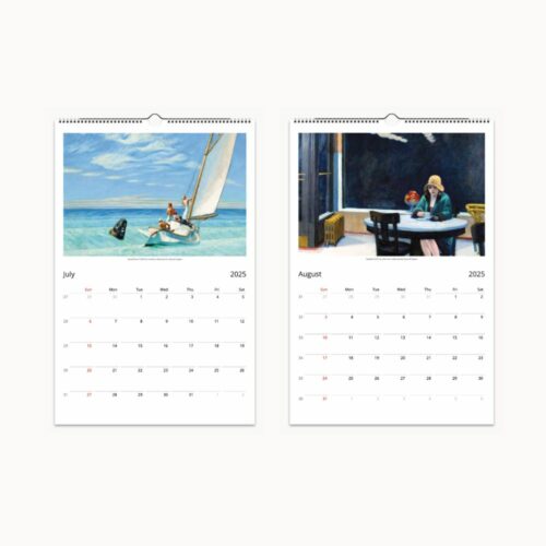 Summer scenes for July and August in a 2025 Edward Hopper calendar, with images of leisure by the sea and urban isolation, painted in Hoppers signature realist style.