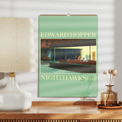 2025 wall calendar cover featuring Edward Hoppers NIGHTHAWSKS painting, showcasing a late-night diner scene with vibrant color contrasts, highlighting urban solitude and the 20th-century American scene."