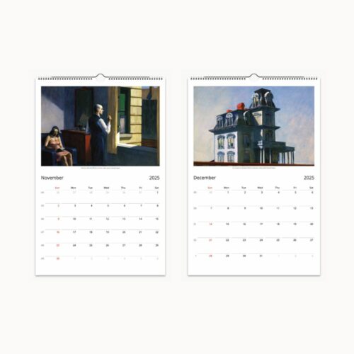 Closing months of a 2025 Edward Hopper calendar, November and December, showcasing the artist's iconic style of depicting enigmatic urban environments and architecture.