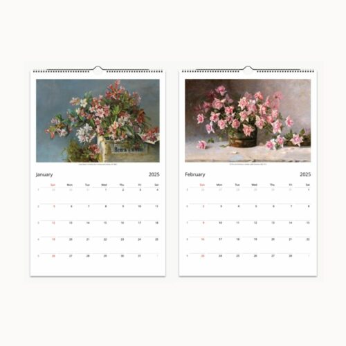 Open wall calendar displaying January's delicate pink flowers in a rustic basket and February's vibrant pink cyclamens in a pot against a faded backdrop.