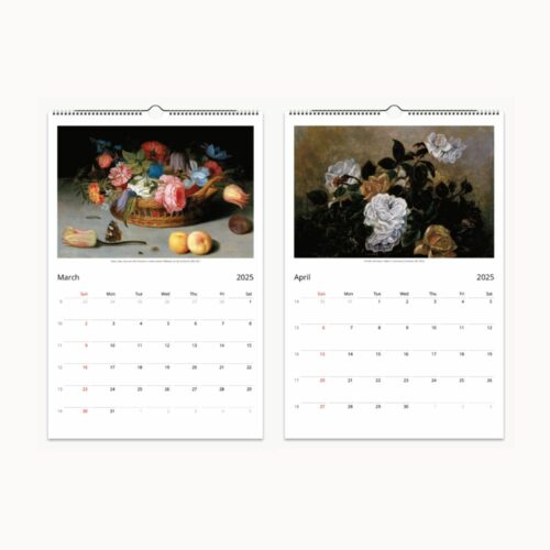 Calendar pages for March show a still life with fruit and vibrant flowers, while April displays a darker painting of lush roses in shadowy tones.