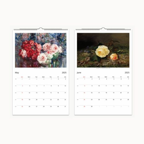 May's calendar page features vivid red and white roses in a loose, expressive style, and June's artwork presents a single luminous yellow rose amidst dark foliage.