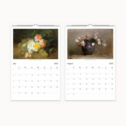 July's calendar image is a soft display of pastel roses and fruits, contrasting with August's depiction of pale blooms in a deep blue vase.