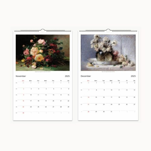 November's calendar showcases a lush bouquet of roses in full bloom, followed by December's serene painting of wilted roses, evoking a sense of ending and nostalgia.