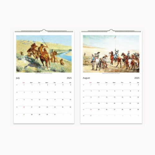 July displays cowboys herding cattle, August portrays a group of riders with a flag in a desert landscape.
